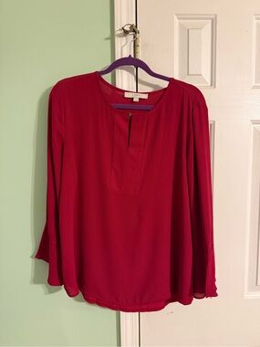 LOFT Crimson Long-Sleeve Split-Neck Blouse